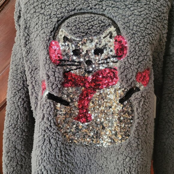 Time & Tru Womens Fleece Pullover Sweater With Sequin Cat Design L NWT - Picture 2 of 5